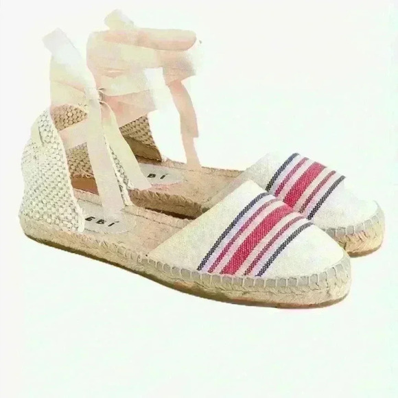Manebi Hamptons Striped Canvas Espadrilles With Ankle Ties In Tan Size 39/9 NWOT - Picture 1 of 12